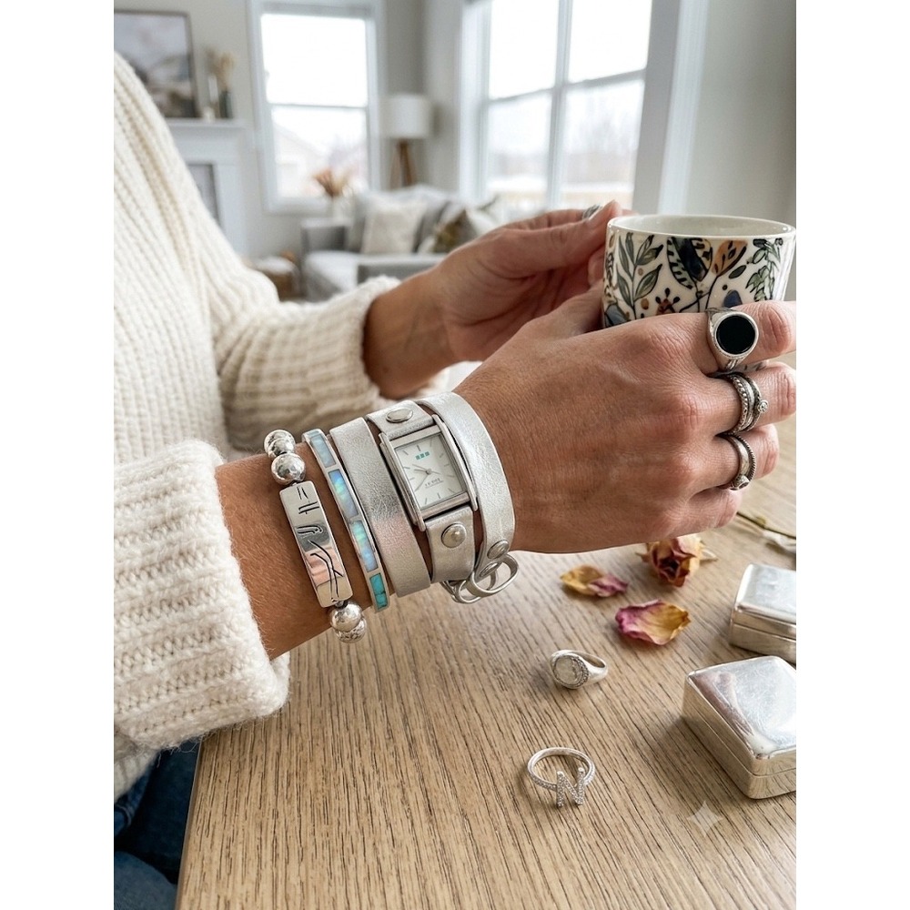 La Mer Collections Silver Rectangle Face Double Wrap Leather Watch